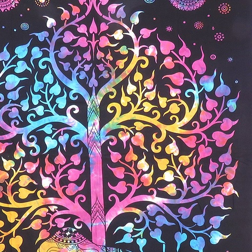 80" X 56" Black Pink And Yellow Elephant Mandala Cotton Hanging Tapestry — view 3