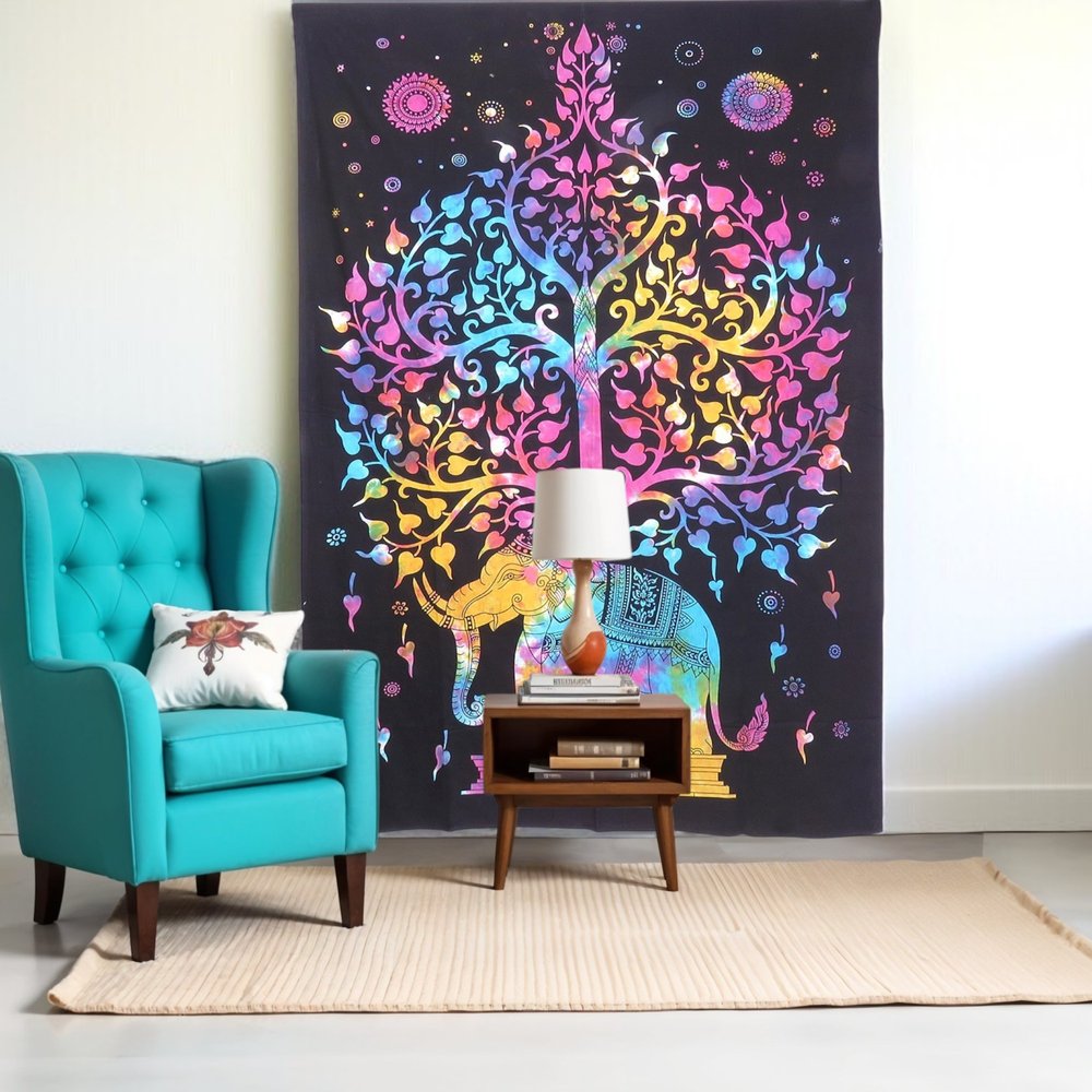 80" X 56" Black Pink And Yellow Elephant Mandala Cotton Hanging Tapestry — view 5