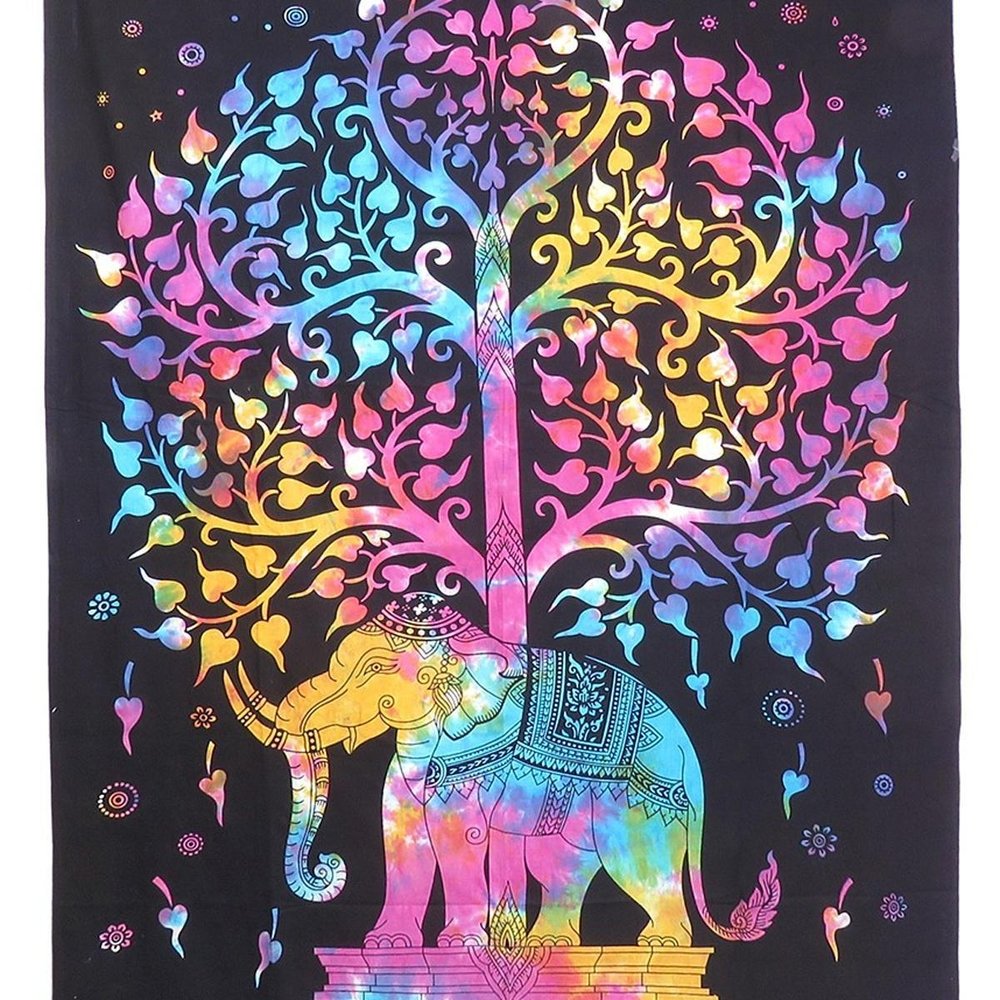 80" X 56" Black Pink And Yellow Elephant Mandala Cotton Hanging Tapestry — view 6