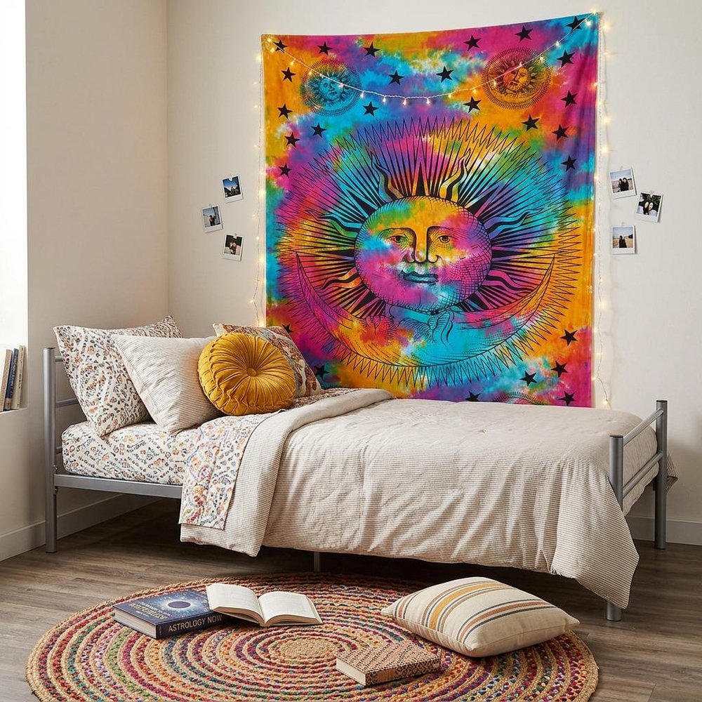 80" X 56" Blue Pink And Yellow Cotton Hanging Tapestry — view 1
