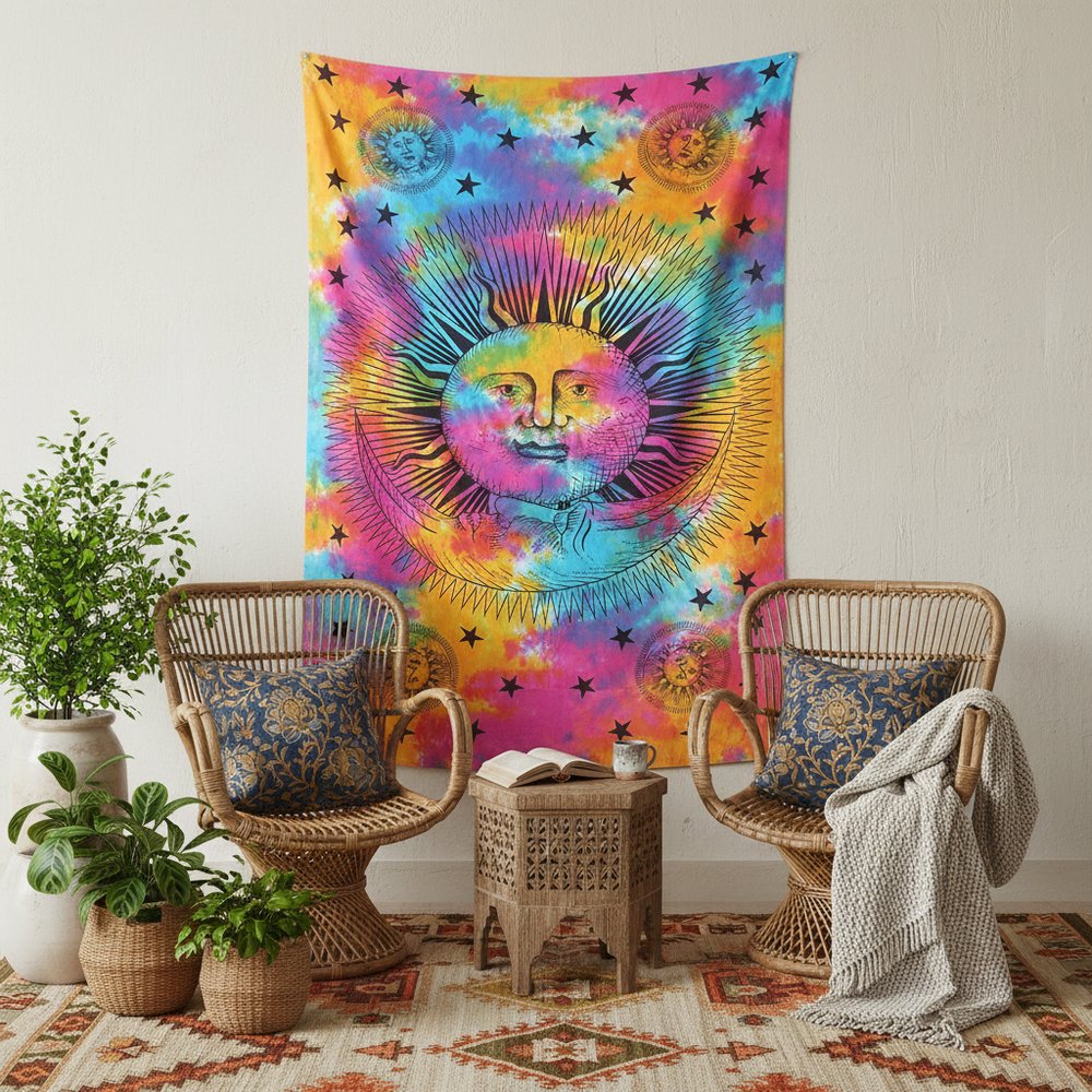 80" X 56" Blue Pink And Yellow Cotton Hanging Tapestry — view 2