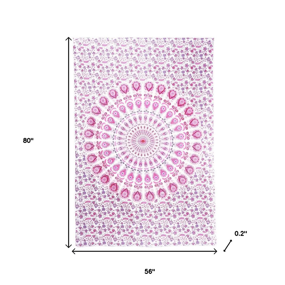 80" X 56" Pink And White Mandala Cotton Hanging Tapestry — view 3