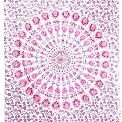 80" X 56" Pink And White Mandala Cotton Hanging Tapestry