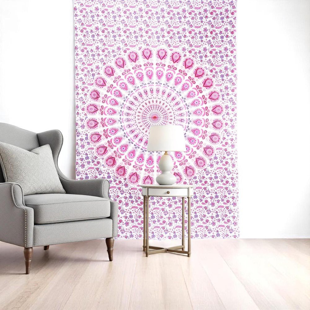 80" X 56" Pink And White Mandala Cotton Hanging Tapestry — view 4