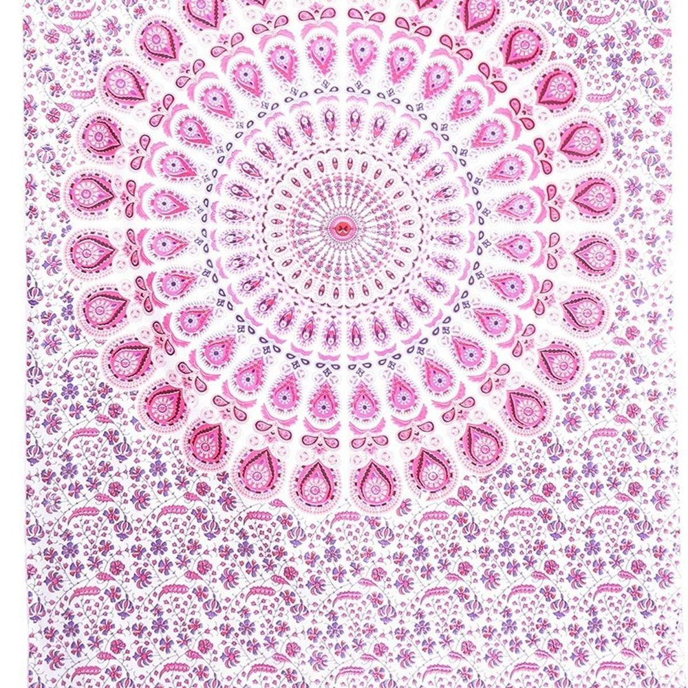 80" X 56" Pink And White Mandala Cotton Hanging Tapestry — view 6