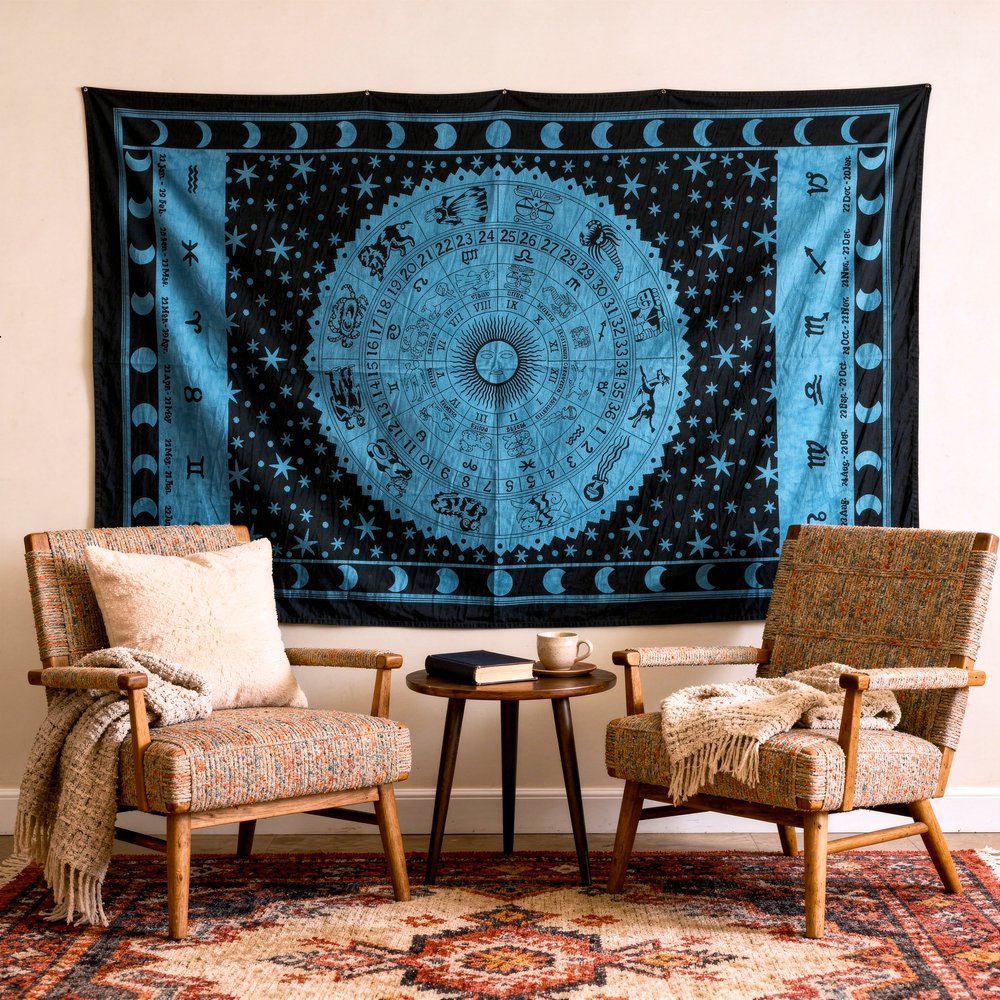 80" X 56" Black And Blue Cotton Hanging Tapestry — view 1