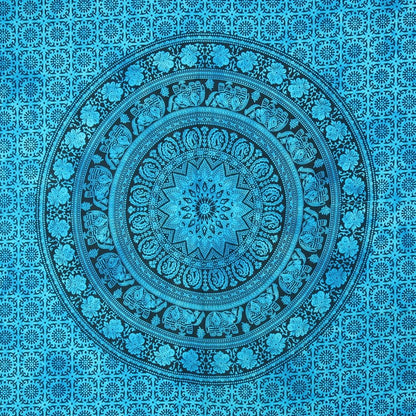 80" X 56" Turquoise And Black Mandala Cotton Hanging Tapestry