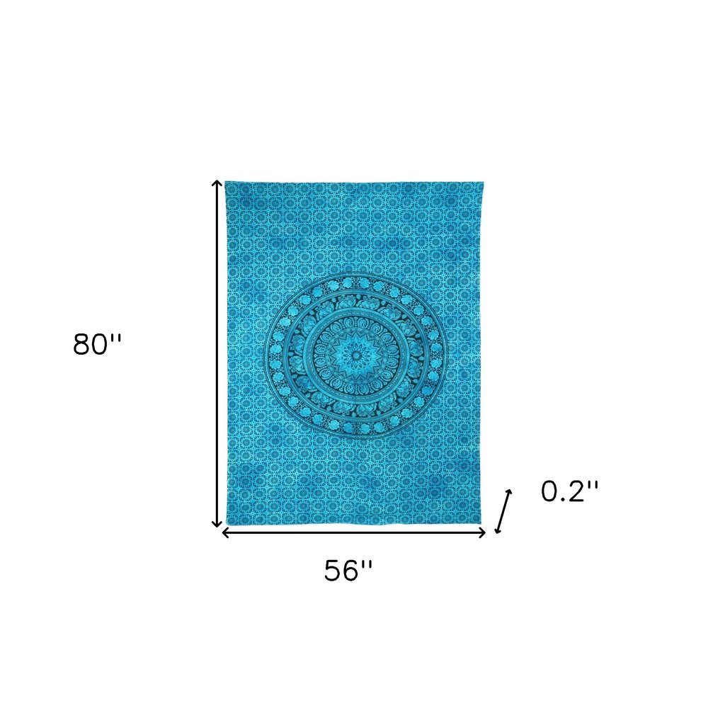 80" X 56" Turquoise And Black Mandala Cotton Hanging Tapestry — view 4