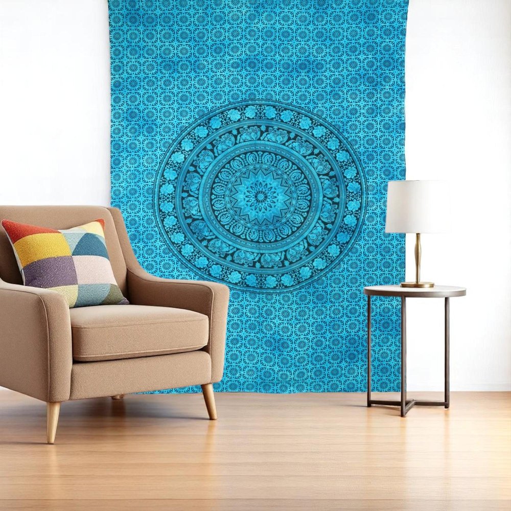 80" X 56" Turquoise And Black Mandala Cotton Hanging Tapestry — view 5
