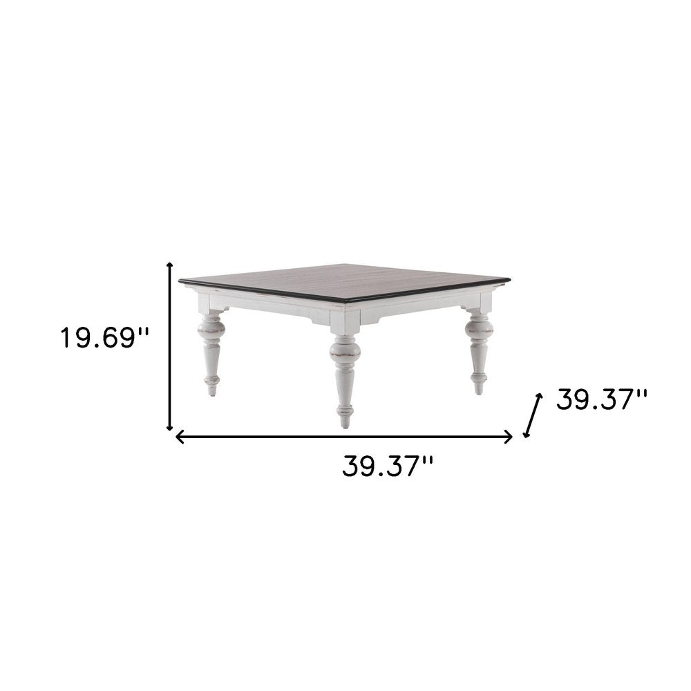 39" Brown and White Wood Square Distressed Coffee Table — view 7