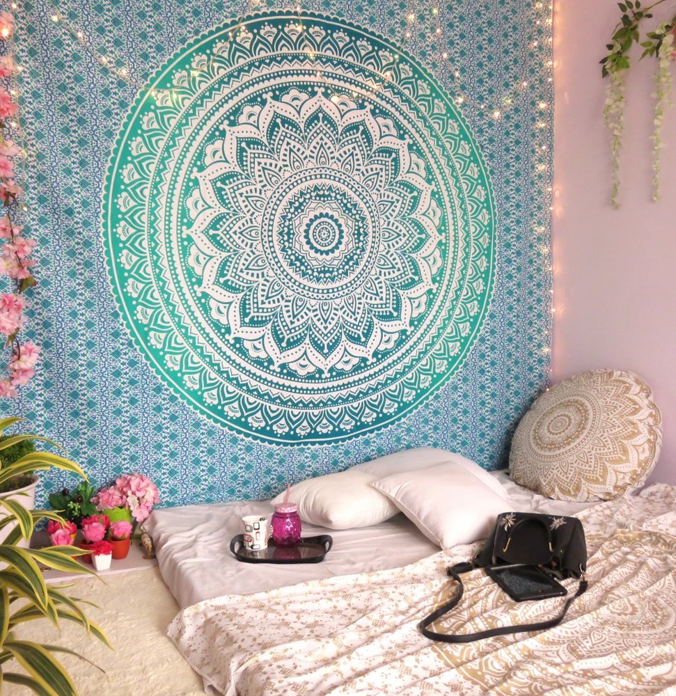 92" X 84" Sea Green And White Mandala Cotton Hanging Tapestry — view 5