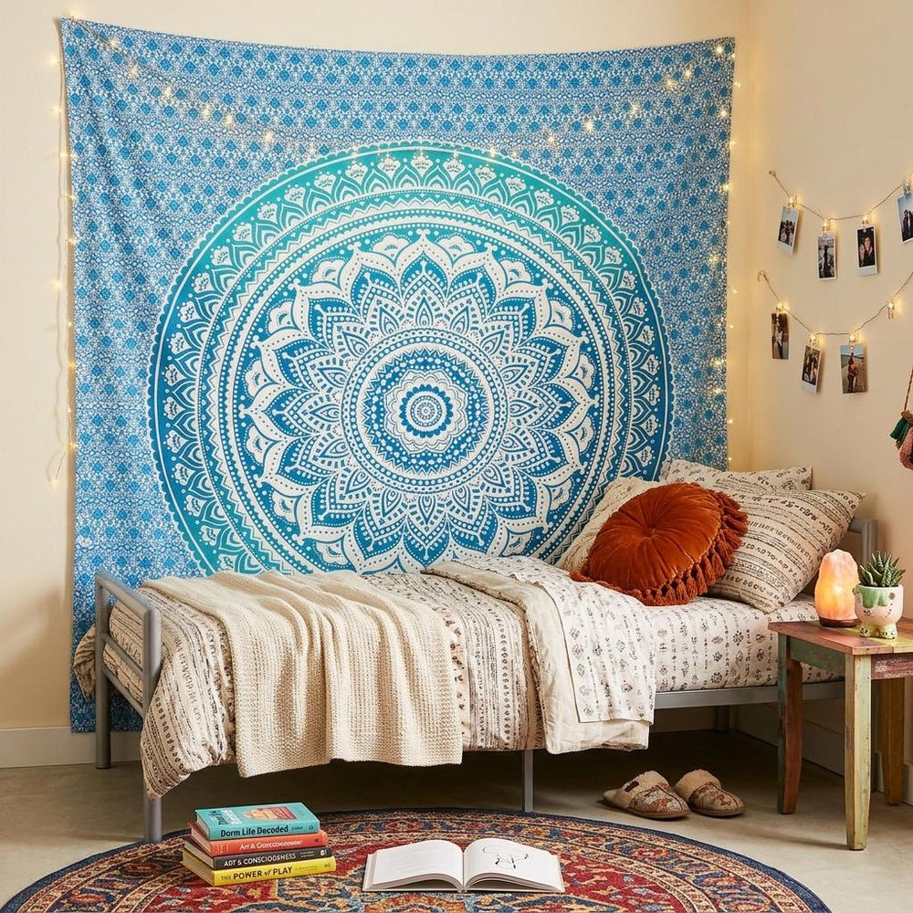 92" X 84" Sea Green And White Mandala Cotton Hanging Tapestry — view 1