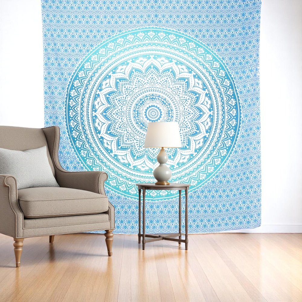 92" X 84" Sea Green And White Mandala Cotton Hanging Tapestry — view 2