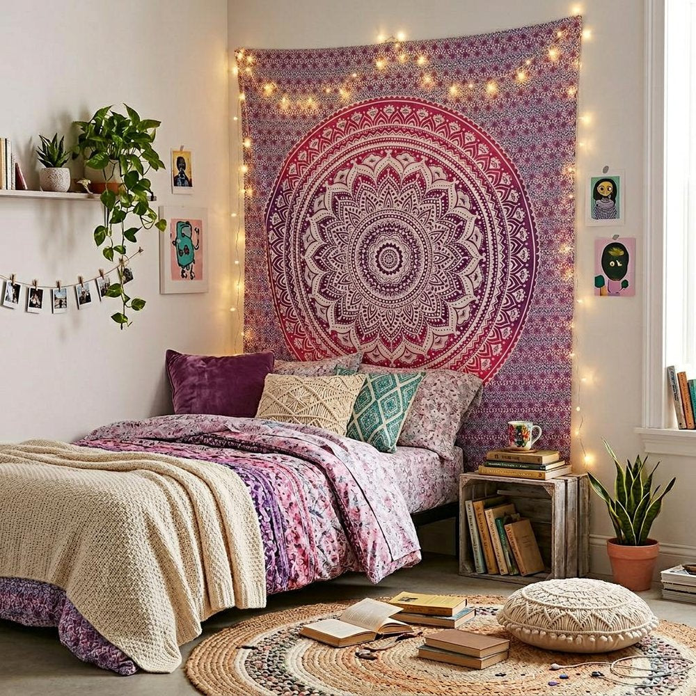 92" X 84" Pink And White Mandala Cotton Hanging Tapestry — view 6