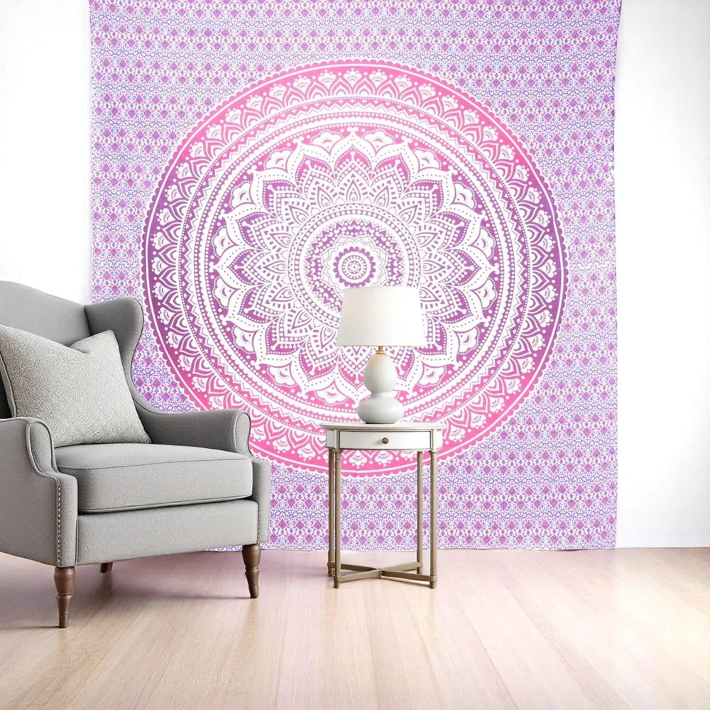 92" X 84" Pink And White Mandala Cotton Hanging Tapestry — view 5