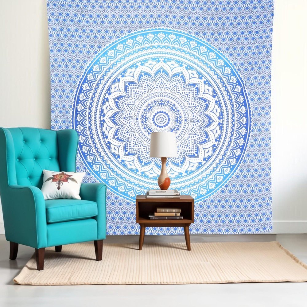 92" X 84" Blue And White Mandala Cotton Hanging Tapestry