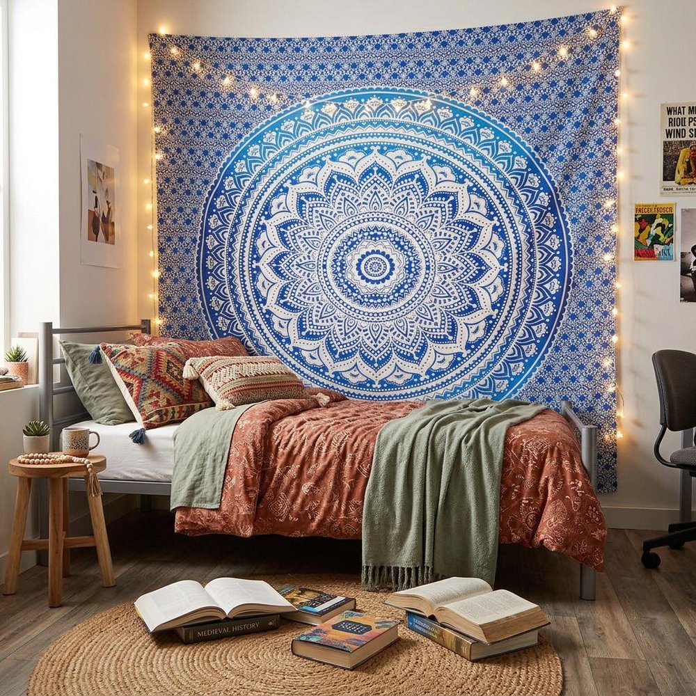 92" X 84" Blue And White Mandala Cotton Hanging Tapestry — view 6