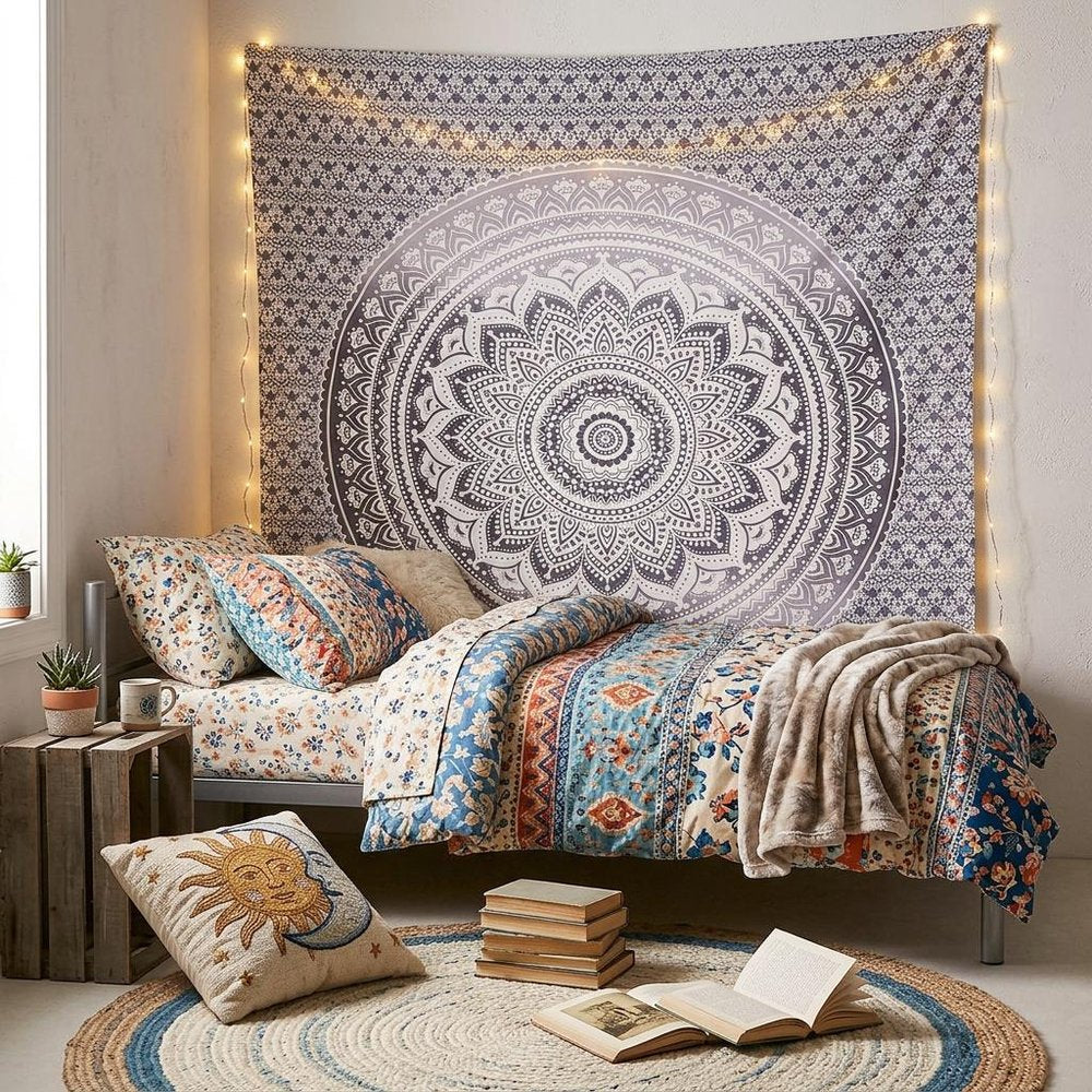 92" X 84" Gray And White Mandala Cotton Hanging Tapestry — view 6