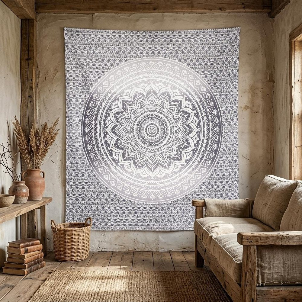 92" X 84" Gray And White Mandala Cotton Hanging Tapestry — view 7