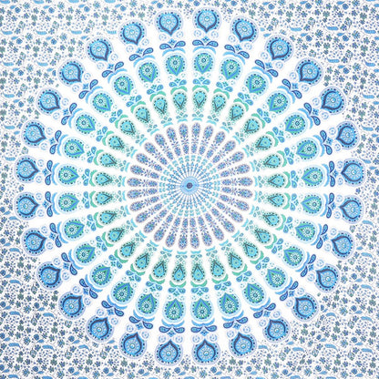 92" X 84" Blue Green And White Mandala Cotton Hanging Tapestry