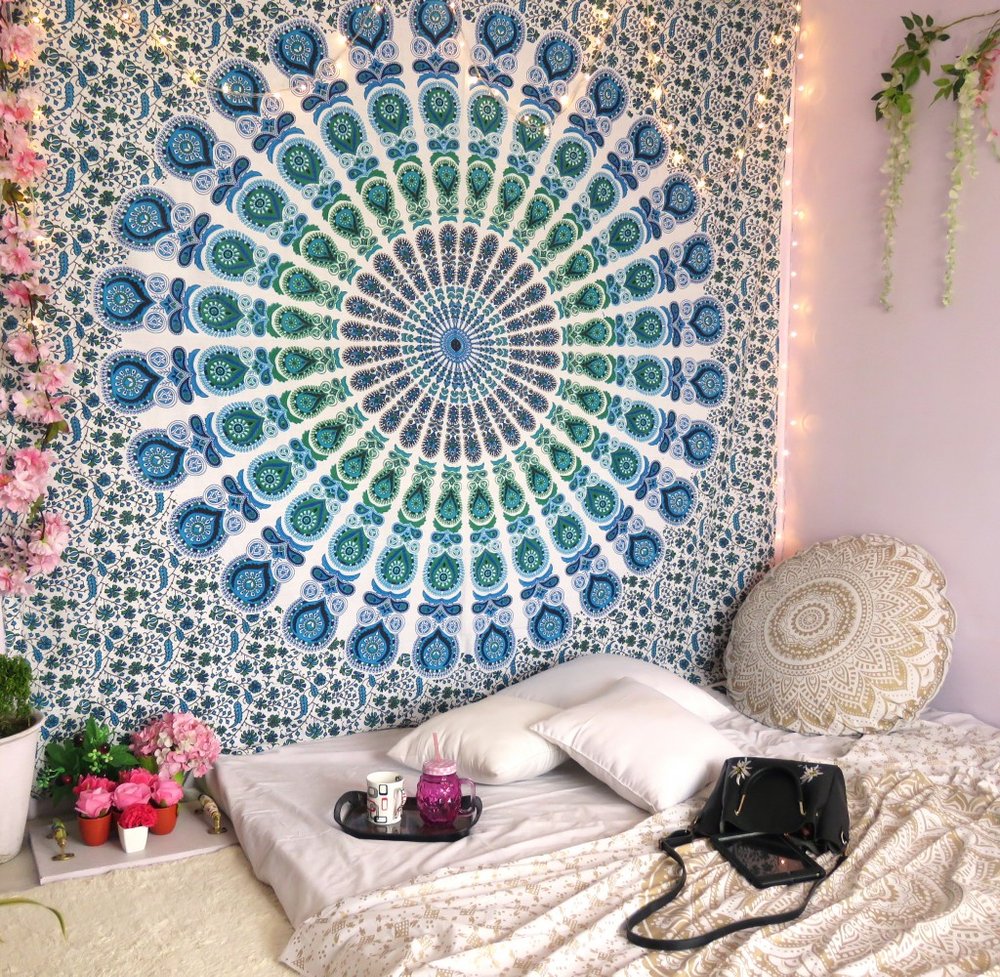 92" X 84" Blue Green And White Mandala Cotton Hanging Tapestry — view 4