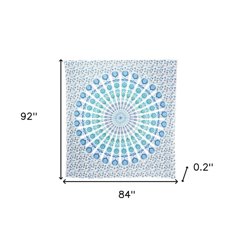 92" X 84" Blue Green And White Mandala Cotton Hanging Tapestry — view 5