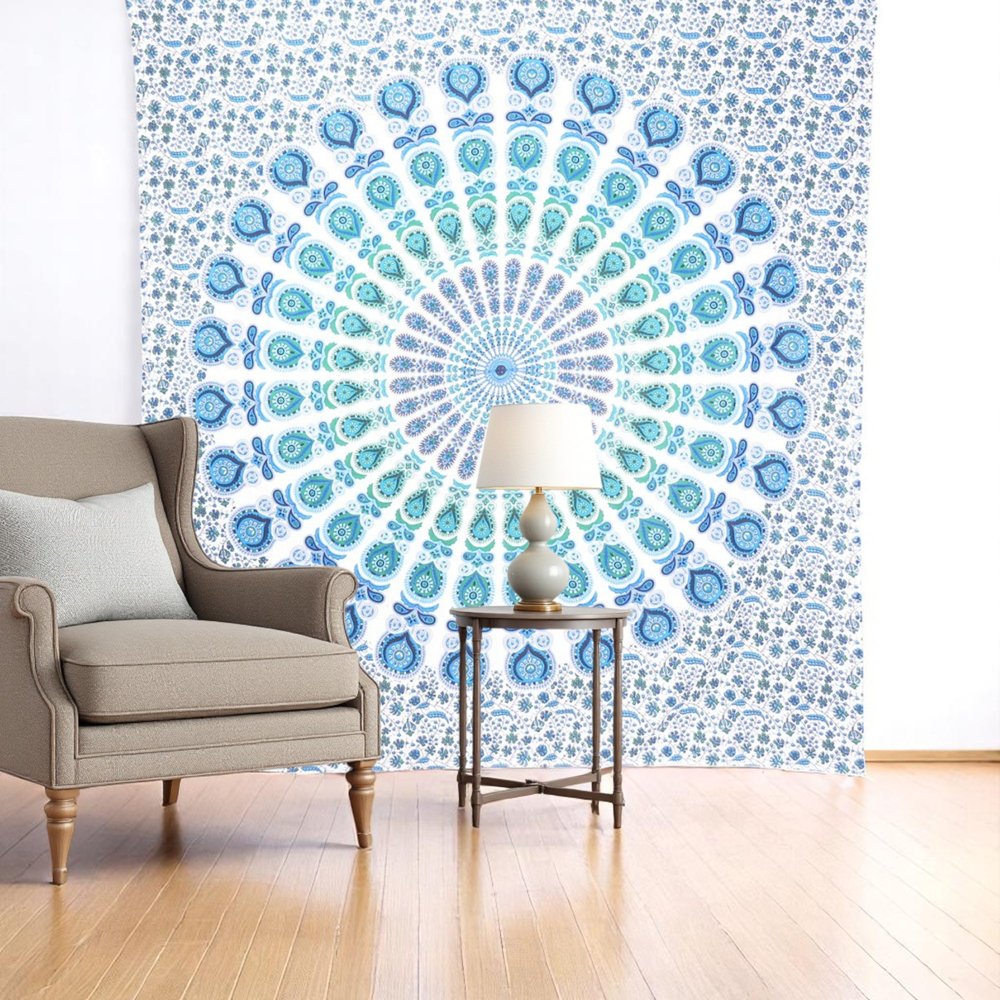 92" X 84" Blue Green And White Mandala Cotton Hanging Tapestry — view 1