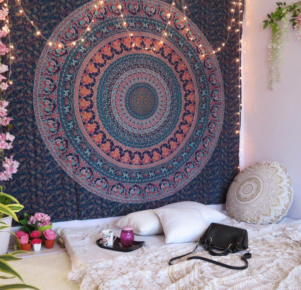 92" X 84" Green Blue And Orange Mandala Cotton Hanging Tapestry — view 4