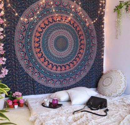 92" X 84" Green Blue And Orange Mandala Cotton Hanging Tapestry
