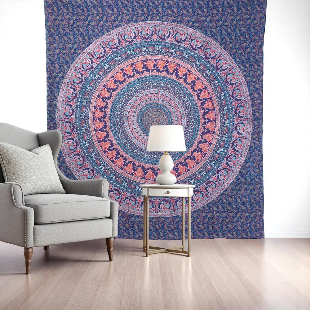 92" X 84" Green Blue And Orange Mandala Cotton Hanging Tapestry — view 1