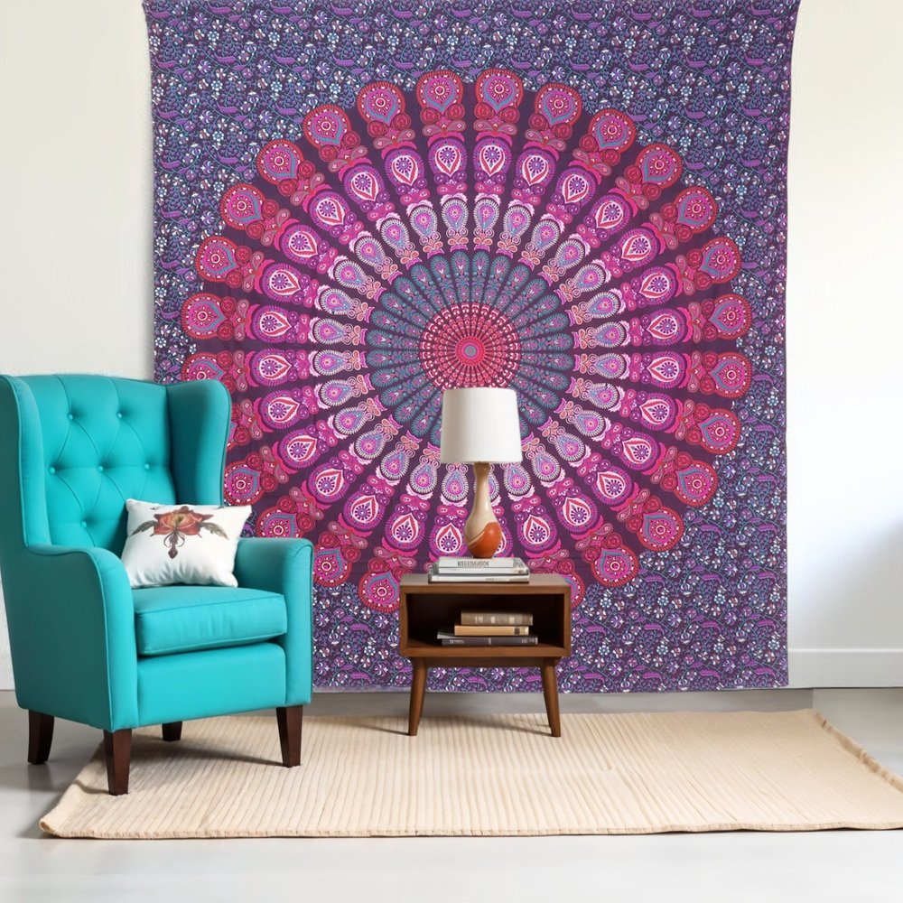 92" X 84" Pink Red And Purple Mandala Cotton Hanging Tapestry — view 1