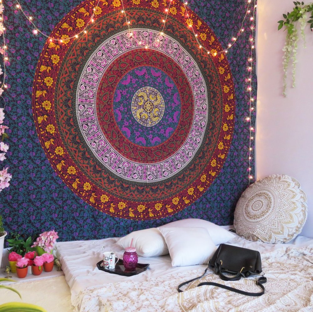 92" X 84" Blue Red And Yellow Mandala Cotton Hanging Tapestry — view 4