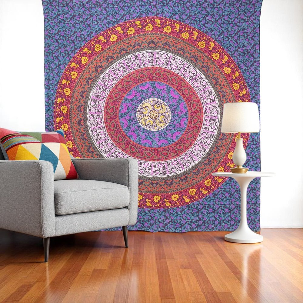 92" X 84" Blue Red And Yellow Mandala Cotton Hanging Tapestry — view 1