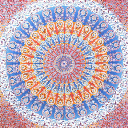 92" X 84" Orange Blue And Yellow Mandala Cotton Hanging Tapestry
