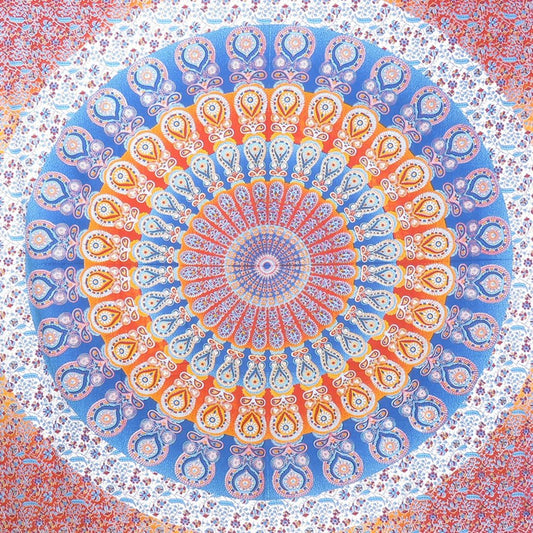 92" X 84" Orange Blue And Yellow Mandala Cotton Hanging Tapestry