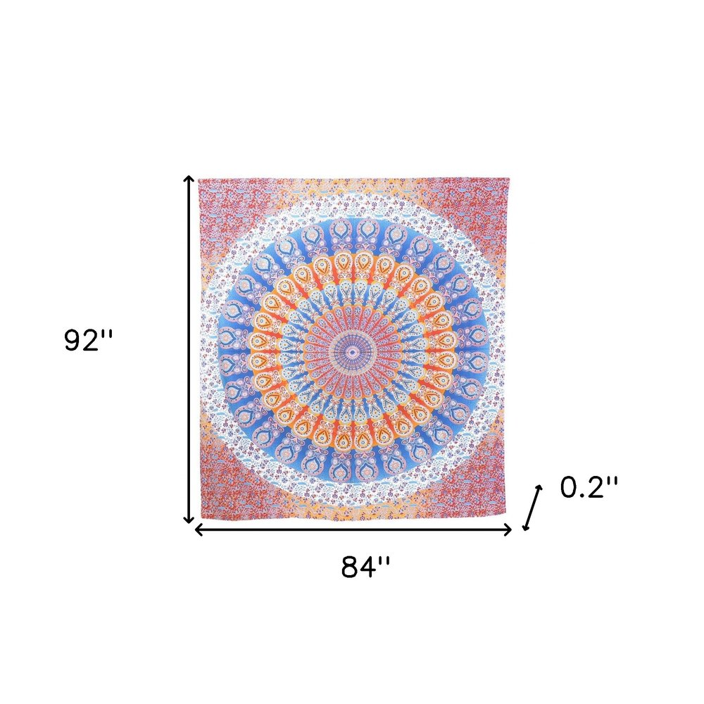 92" X 84" Orange Blue And Yellow Mandala Cotton Hanging Tapestry — view 4
