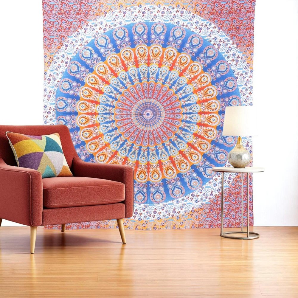 92" X 84" Orange Blue And Yellow Mandala Cotton Hanging Tapestry — view 5