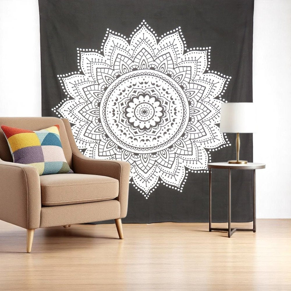 92" X 84" Black And White Mandala Cotton Hanging Tapestry — view 1