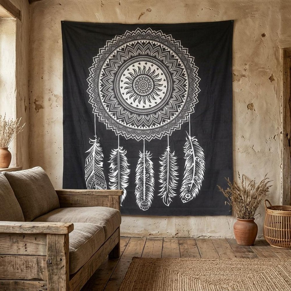 92" X 84" Black And White Abstract Cotton Hanging Tapestry — view 9