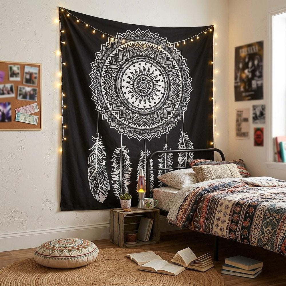 92" X 84" Black And White Abstract Cotton Hanging Tapestry — view 6