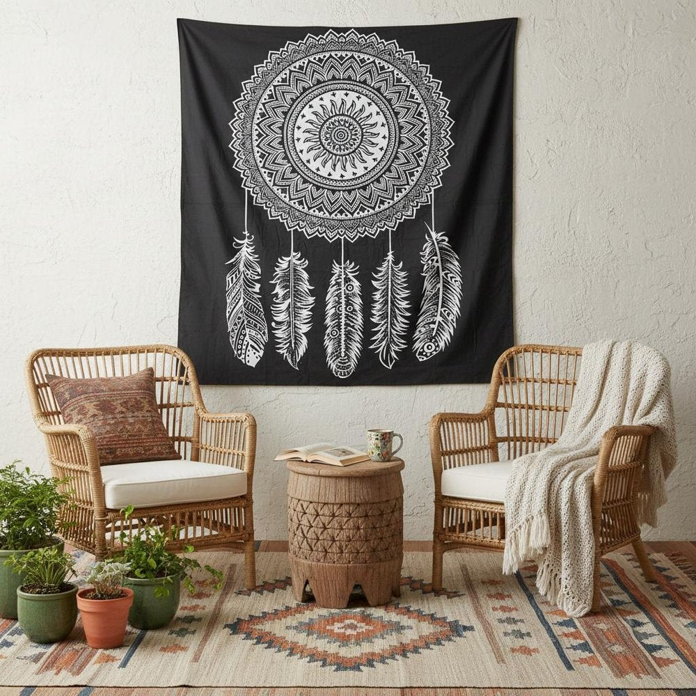92" X 84" Black And White Abstract Cotton Hanging Tapestry — view 5