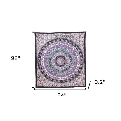 92" X 84" Purple Black And White Mandala Cotton Hanging Tapestry