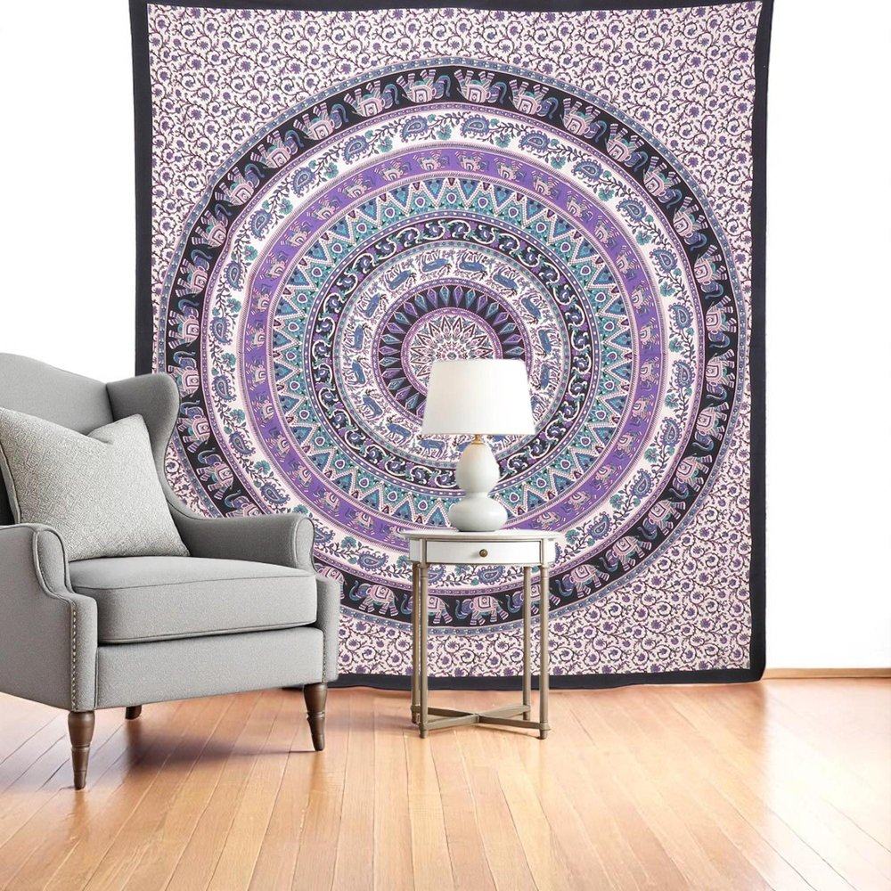 92" X 84" Purple Black And White Mandala Cotton Hanging Tapestry — view 5
