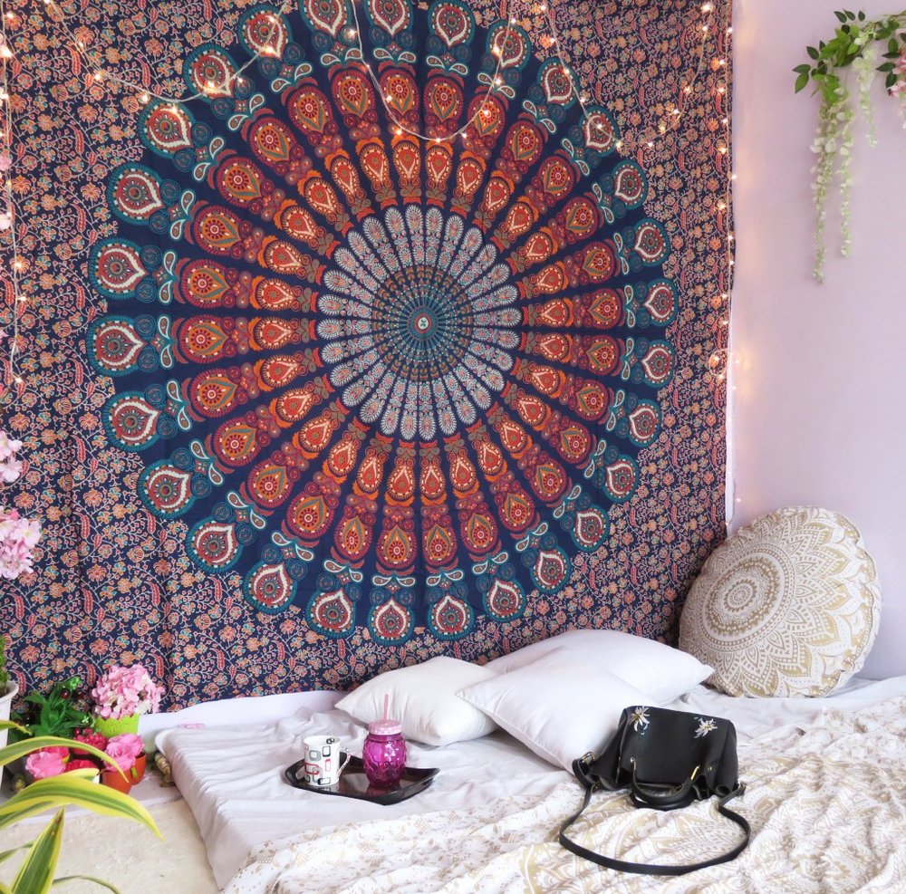 92" X 84" Orange Purple And Blue Mandala Cotton Hanging Tapestry — view 5