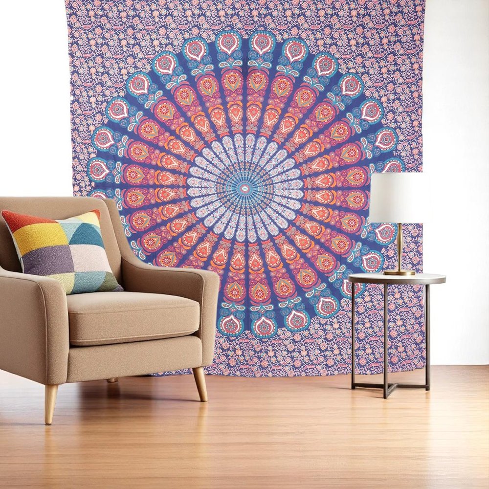 92" X 84" Orange Purple And Blue Mandala Cotton Hanging Tapestry — view 1