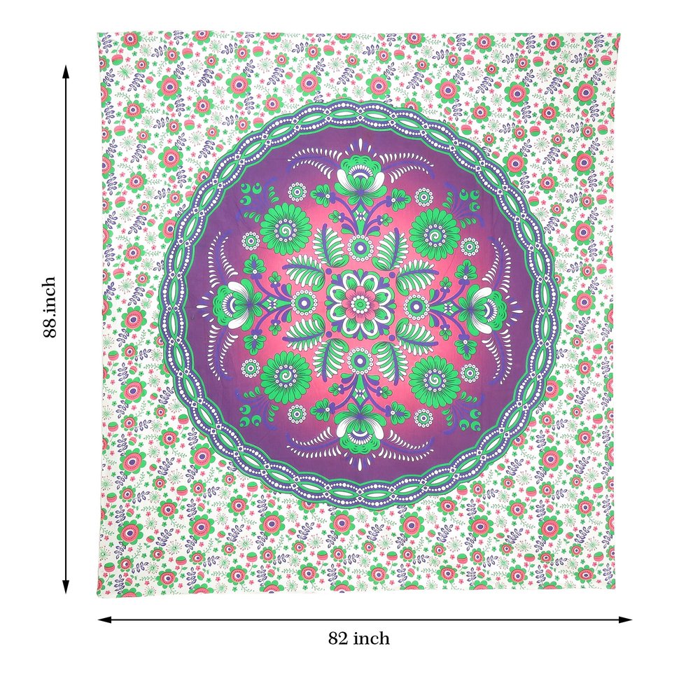 88" X 84" Green Purple And White Floral Cotton Hanging Tapestry