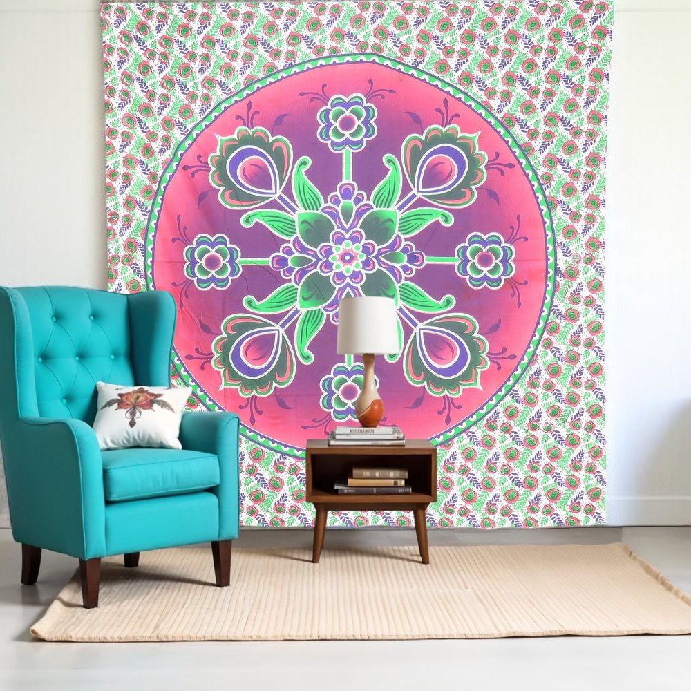 88" X 84" Green Pink And White Floral Cotton Hanging Tapestry — view 1