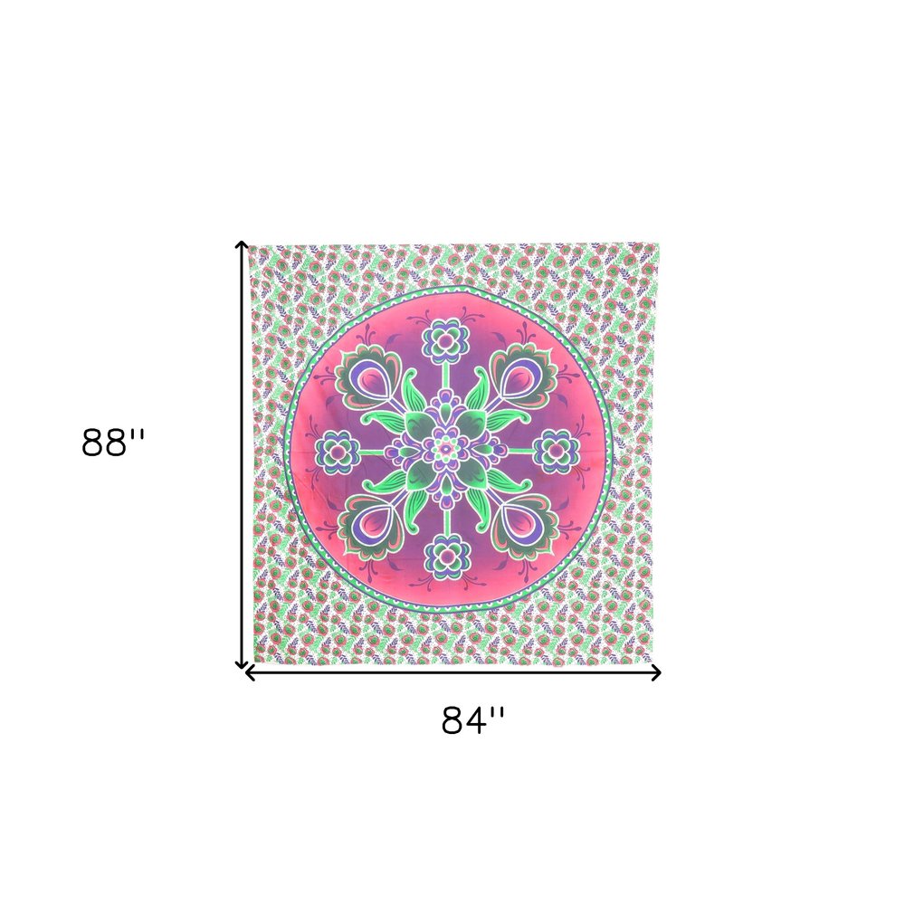 88" X 84" Green Pink And White Floral Cotton Hanging Tapestry — view 6