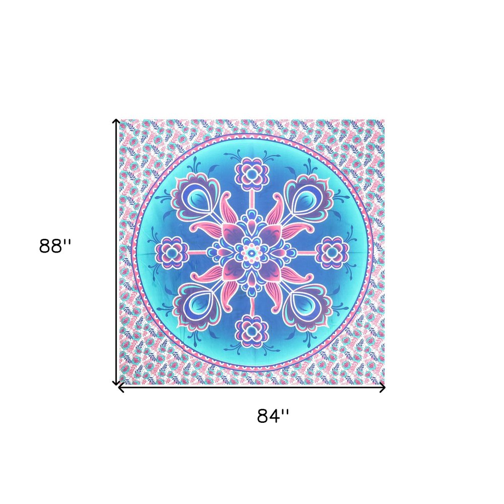 88" X 84" Pink Sky Blue And White Floral Cotton Hanging Tapestry — view 6