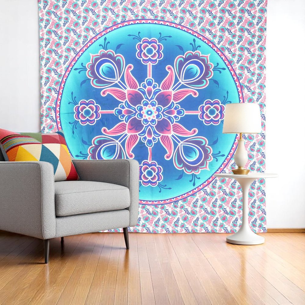 88" X 84" Pink Sky Blue And White Floral Cotton Hanging Tapestry — view 1